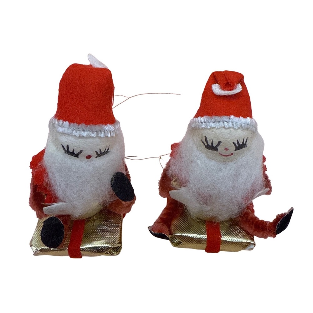 Vintage Christmas Felt Santa Claus on Gift Spun Cotton‎ Ornament Set Japan